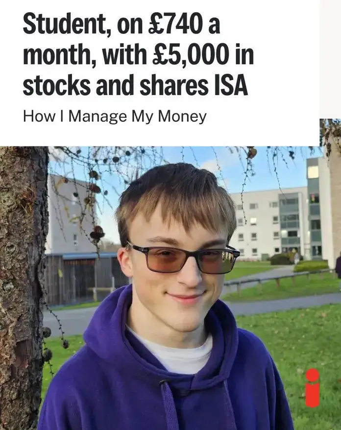 Eddie Wesson featured in The i Paper with headline ‘Student on £740 a month, with £5,000 in a stocks and shares ISA’ and subheading ‘How I manage my money’, smiling with i Paper logo in bottom right.