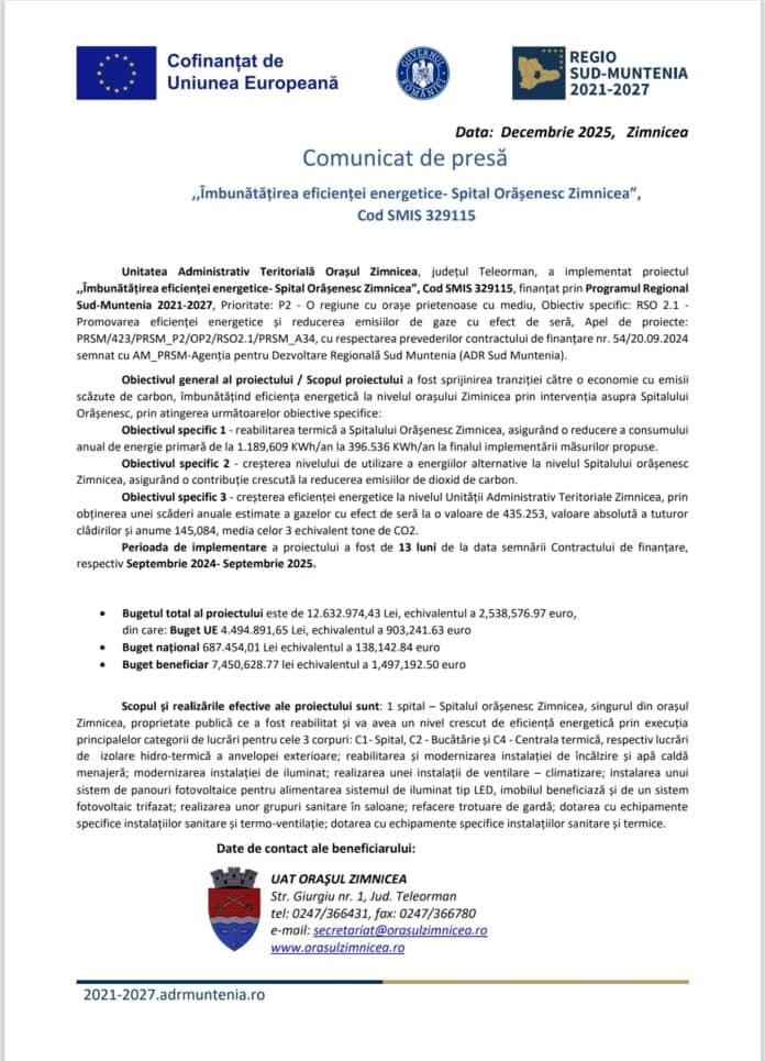 Spitalul Orășenesc Zimnicea, reabilitat pentru eficiență energetică printr-un proiect de peste 12,6 milioane de lei - 