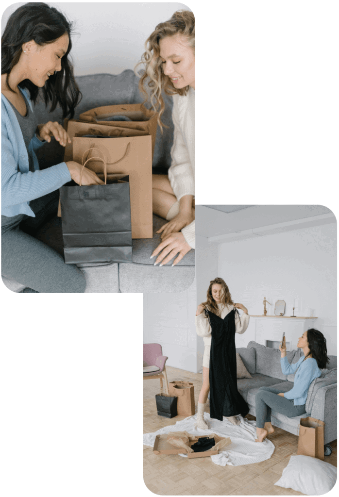 Zwei Bilder von Frauen, oben links sitzen beide auf einem Sofa und gucken in Tüten. Unten rechts sieht man wie eine von den Frauen ein schwarzes Kleid vor sich hält um der anderen Frau zu zeigen wie es aussehen würde.