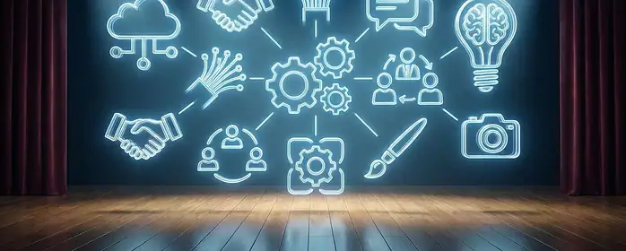 A collection of digital icons representing networking, collaboration, and creativity, set against a clean, theatrical background.