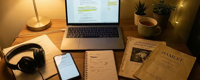 A cozy workspace setup with a laptop, smartphone, notepad, headphones, and theater scripts spread across a wooden table – cozy ambient lighting and digital devices displaying script notes