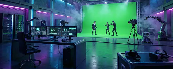 A stylized digital workspace featuring a motion capture setup and green screen studio