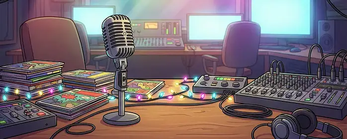 Animated cartoon studio with microphone, comic books, colorful recording lights, and script pages scattered on desk