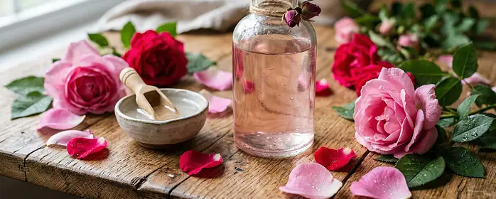 Glass bottle with rose water, pink roses, and glycerin on a wooden table, natural skin care concept
