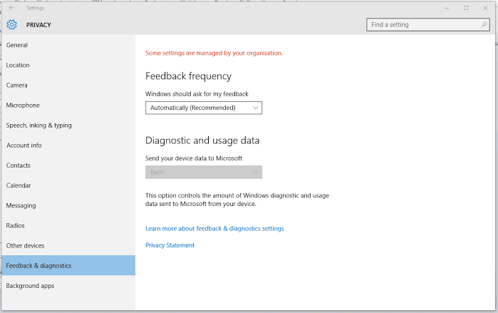 Change Feedback and Diagnostics Settings