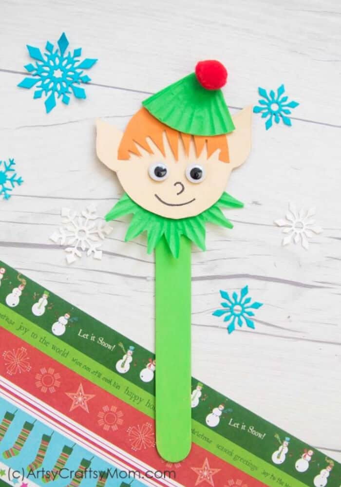 Christmas craft idea for kids featuring elf popsicle stick puppet