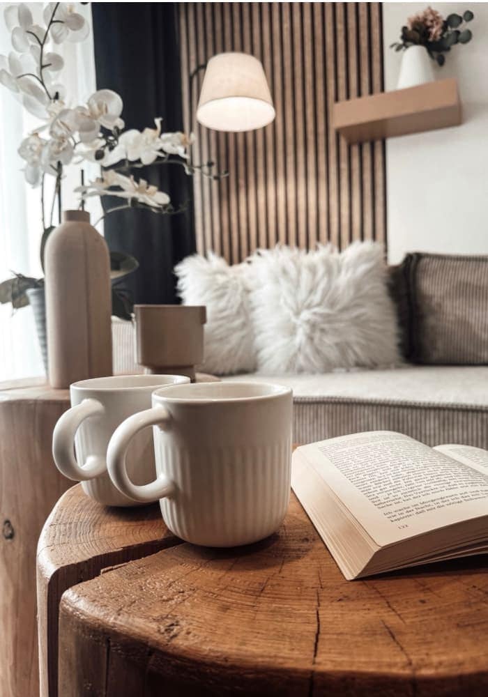 Tasses et livre sur la table du salon avec coussins en fourrure en arrière-plan pour un séjour à  Metz