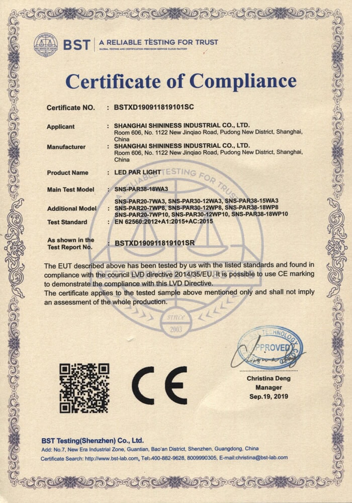 CE LVD Certification for LED PAR Lamp