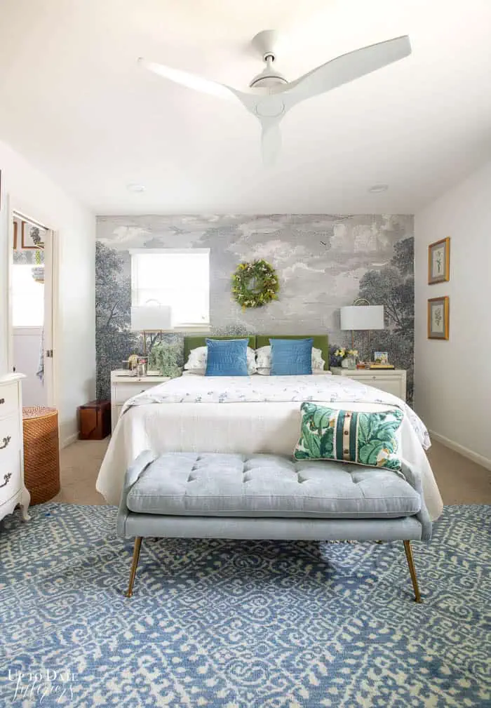 Summer Bedroom Decorating With Green and blue full view of room with velvet headboard and mural