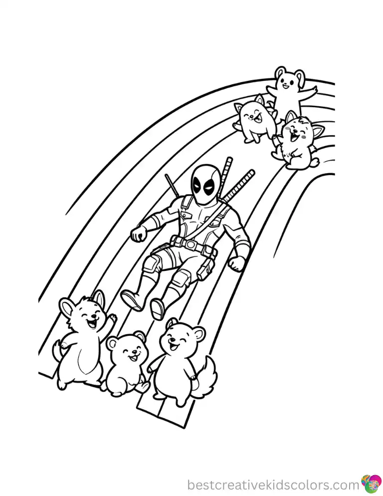 Deadpool slides down a rainbow with giggling animals in Deadpool coloring pages funny disney.