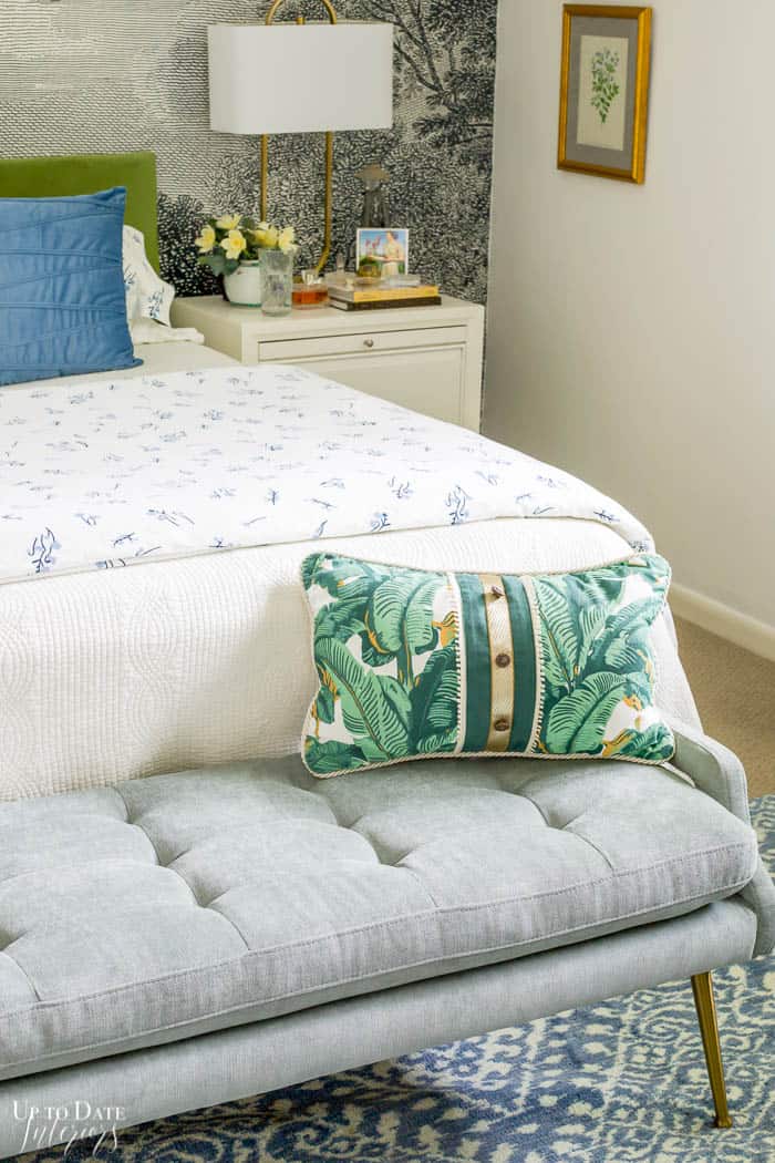 Summer Bedroom Decorating With Greens and blues close up of bench and pillow
