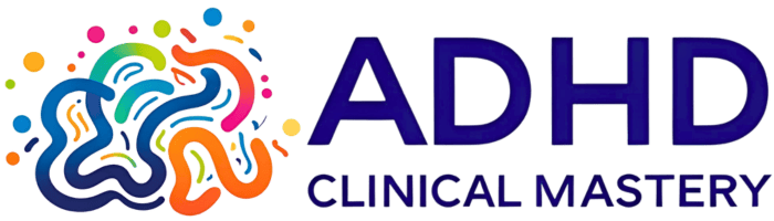 ADHD Clinical Mastery Horizontal Logo with colourful brain logo