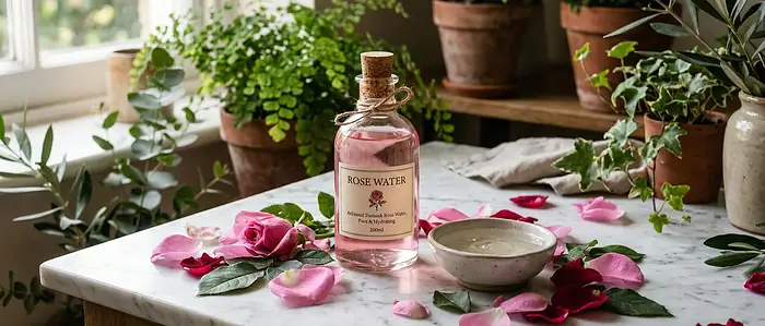 A glass bottle of rose water, a small bowl with glycerin, and fresh rose petals arranged on a marble countertop, surrounded by greenery and soft morning light.