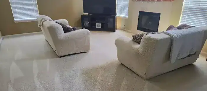A professional carpet cleaner in a modern Burlington home, dressed in a clean, branded uniform from "Lake Geneva Carpet Cleaning". The foreground features the technician using advanced carpet cleaning equipment, emphasizing the methods used for deep restoration. The middle ground showcases a beautifully crafted living room with plush, multicolored carpets that have visible grime in comparison to the freshly cleaned area, highlighting the contrast. The background reveals warm, inviting lighting filtering through large windows, creating a cozy atmosphere. The scene captures the importance of professional restoration, evoking feelings of cleanliness and freshness, with attention to detail focused on the texture of the carpet and the effectiveness of the cleaning process.