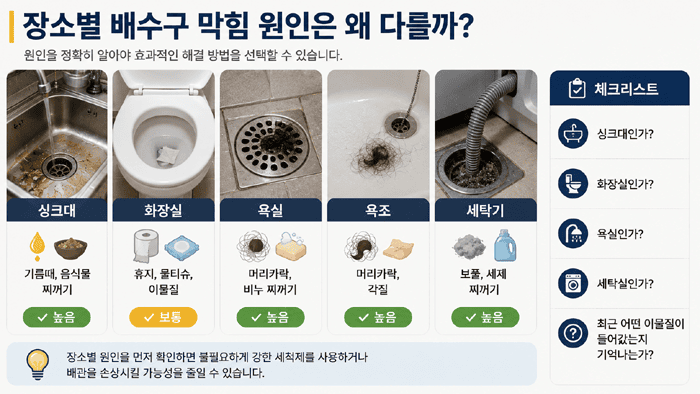 장소별 배수구 막힘 원인은 왜 다를까
