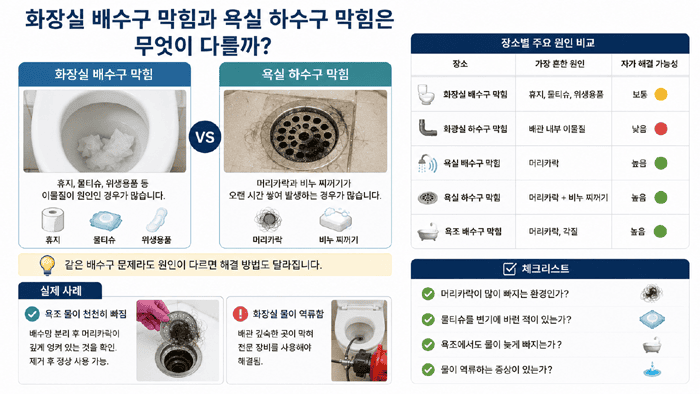 화장실 배수구 막힘과 욕실 하수구 막힘은 무엇이 다를까