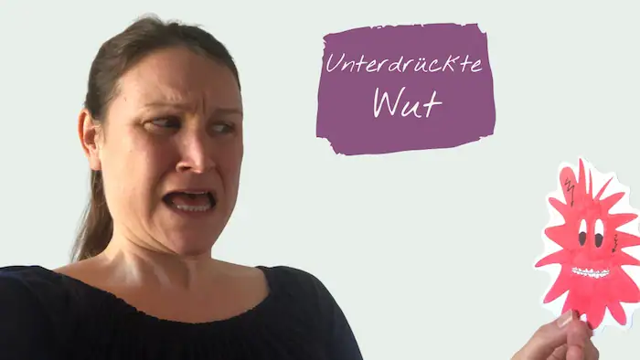 Goni Boller mit verzogenem Gesicht und ein Bild ihrer Wut - rot, kindliche Zeichnung. Text: Unterdrückte Wut