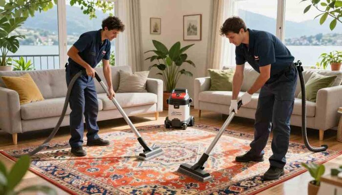 Two technicians deep cleaning a carpet in a bright living room in Lake Geneva, WI.