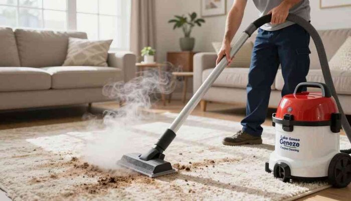 Professional carpet cleaner using steam vacuum on living room carpet in Lake Geneva, WI.