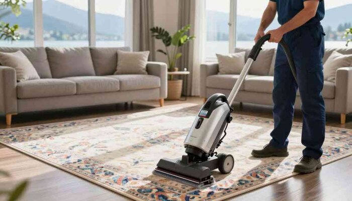 A professional carpet cleaning scene showcasing "Lake Geneva Carpet Cleaning" in action. In the foreground, a technician in a smart uniform skillfully operates a high-tech carpet cleaning machine, demonstrating the latest cleaning technology. The middle ground features a bright, freshly cleaned carpet with vibrant patterns, emphasizing a meticulous cleaning process. In the background, a cozy Lake Geneva living room is adorned with natural light streaming through large windows, highlighting the serene atmosphere. Light reflects off the clean surfaces, creating a welcoming and revitalized environment. The overall mood is professional and innovative, capturing the evolution of carpet cleaning services in the area, with a focus on quality and customer satisfaction.