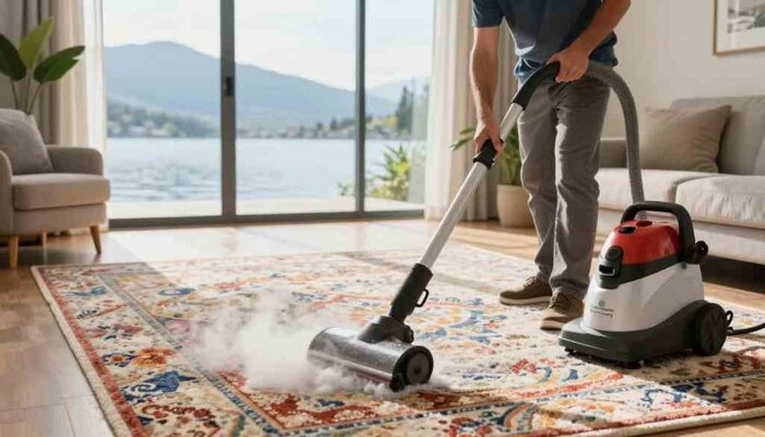 Professional carpet cleaning in Lake Geneva, WI with steam cleaning equipment.