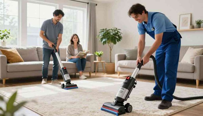 Carpet cleaning professionals vacuuming a living room with modern equipment.
