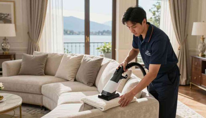A professional upholstery cleaning service at work in a cozy, well-lit living room setting. In the foreground, a technician wearing a branded uniform from "Lake Geneva Carpet Cleaning" carefully cleans a stylish sofa using a high-tech upholstery cleaner. The middle ground features plush cushions and a neatly arranged decorative throw, emphasizing the importance of meticulous care. In the background, large windows reveal a serene view of Lake Geneva, with soft sunlight filtering through sheer curtains, creating a warm and inviting atmosphere. The overall mood is one of professionalism and attention to detail, showcasing the high standards of local service. The focus is sharp, and the composition uses a slightly wide-angle lens to capture both the technician and the elegant furnishings.