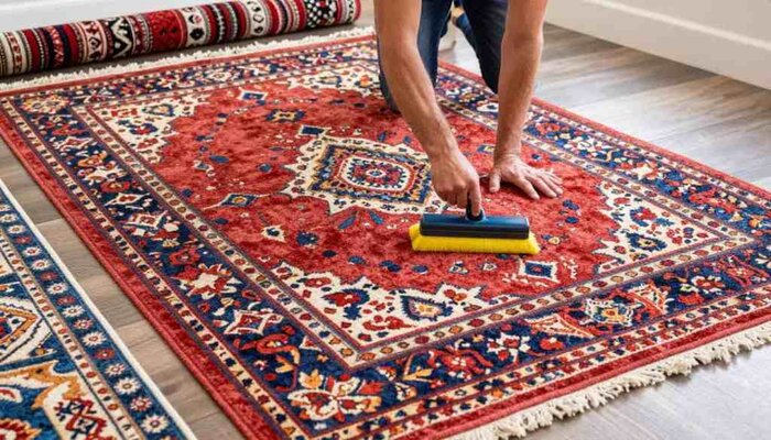 Person cleaning a red and blue patterned carpet with a rug cleaning tool in Lake Geneva, WI.