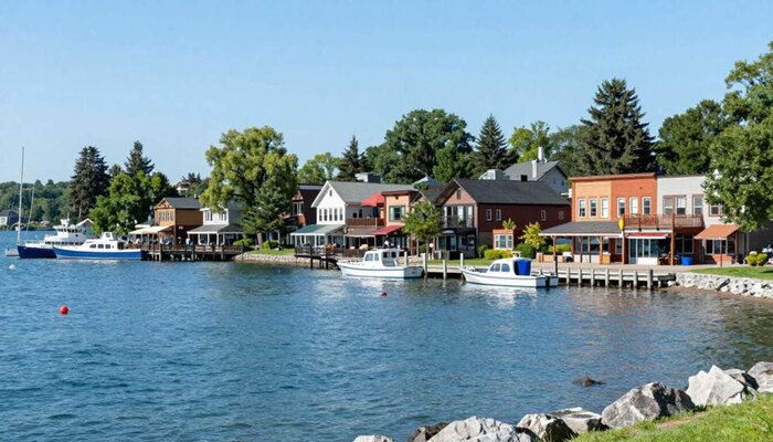 Scenic view of Lake Geneva waterfront with houses and boats on a sunny day.