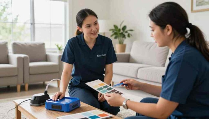 Two carpet cleaning experts discussing stain removal techniques in Lake Geneva home.