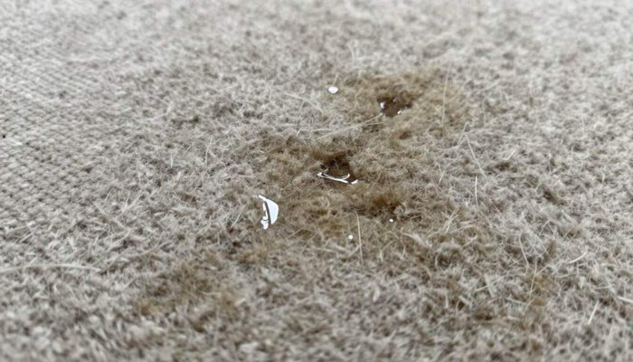 Dirty carpet with stains and debris in Lake Geneva home.