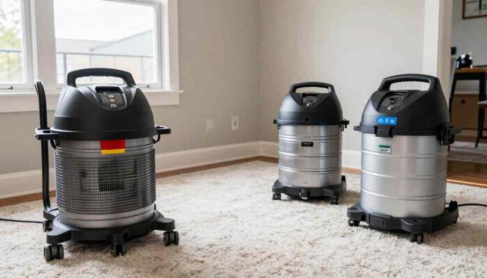 Professional carpet cleaning machines in a bright living room setting.