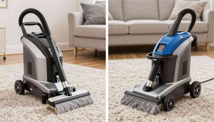 Commercial carpet cleaning machine on a beige rug in a living room.