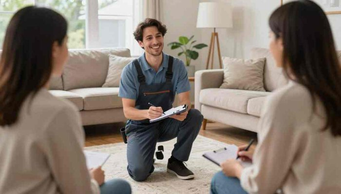 Professional carpet cleaner in Lake Geneva discussing cleaning plans with clients.