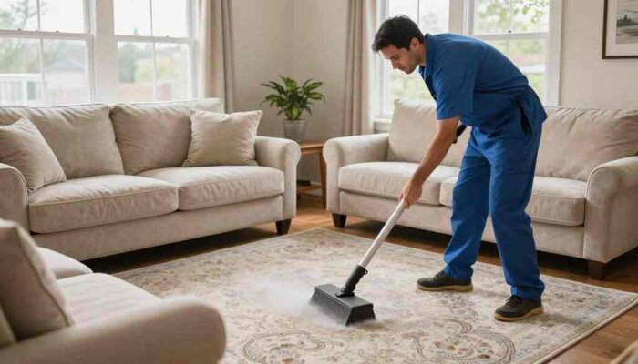 Expert carpet cleaner vacuuming a living room with beige sofas in Lake Geneva, WI.