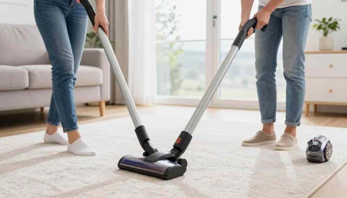 Two people vacuuming a clean, plush carpet in a bright living room in Lake Geneva.