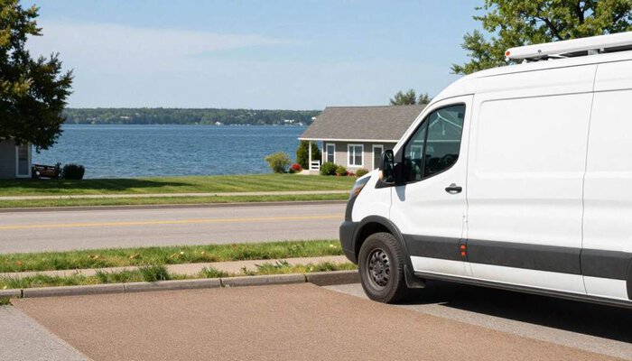 Professional carpet cleaning van parked near Lake Geneva waterfront.