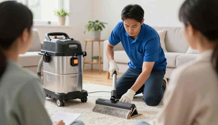 Technician cleaning carpet with professional equipment in Lake Geneva home.