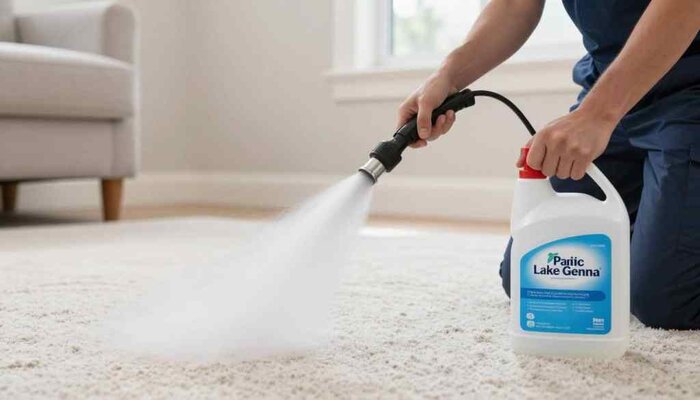 Professional carpet cleaning service in Lake Geneva WI area with steam cleaning equipment.