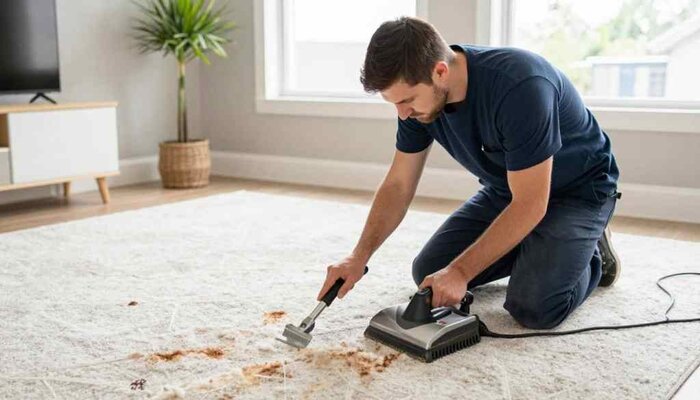 Man deep cleaning carpet with professional equipment in Lake Geneva home.