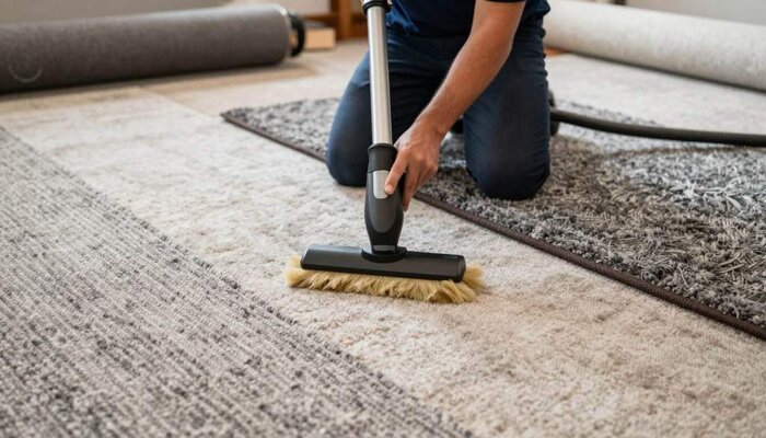 Person cleaning a carpet with a vacuum cleaner in Lake Geneva home.