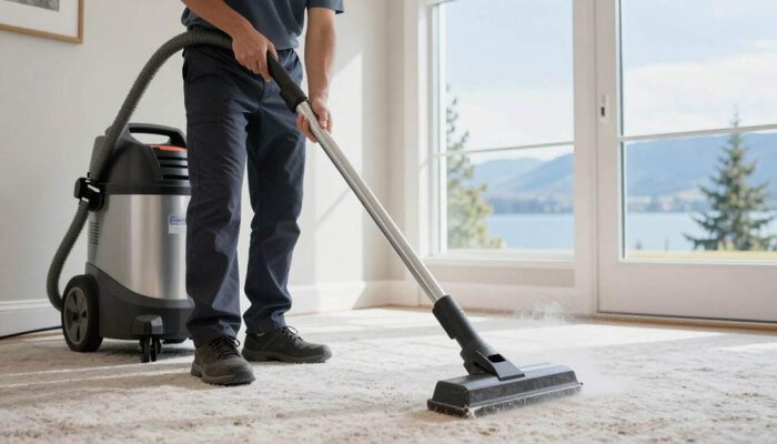 Expert carpet cleaner vacuuming a beige carpet in a bright room near Lake Geneva.