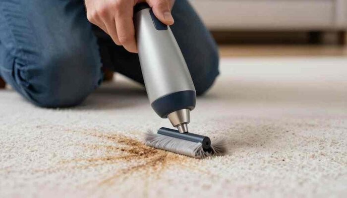 Professional carpet cleaning using steam cleaner in Lake Geneva home.