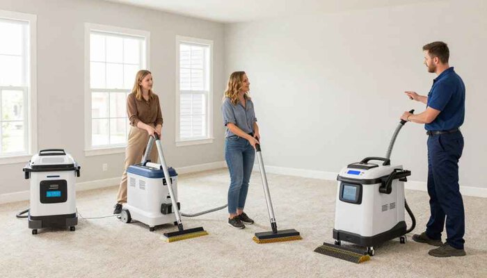 Professional carpet cleaning team in Lake Geneva using advanced equipment.