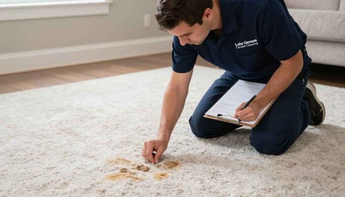Professional carpet cleaner examining stain on plush area rug in Lake Geneva home.
