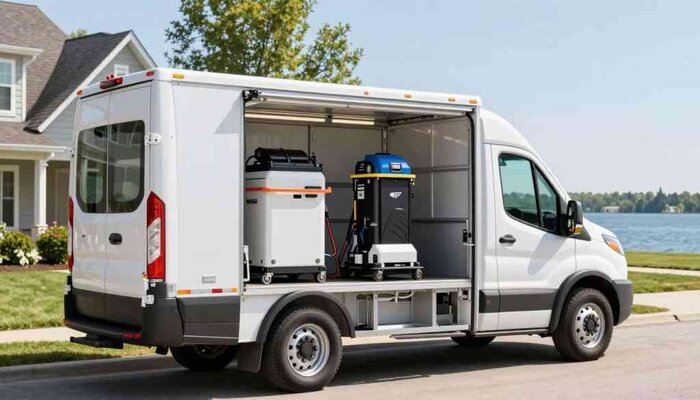 Mobile carpet cleaning van with equipment in Lake Geneva, WI.