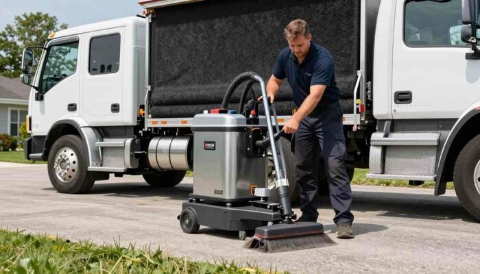 Technician cleaning a carpet with industrial equipment outdoors in Lake Geneva, WI.