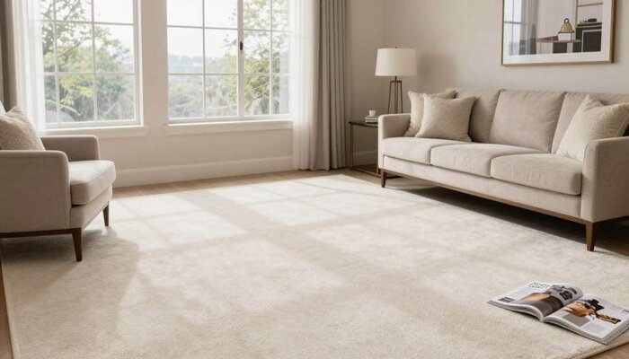 Bright living room with clean, plush carpet and large windows, showcasing professional carpet cleani.