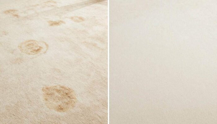 Dirty carpet with stains and footprints, highlighting the importance of professional cleaning over D.