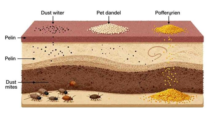 Illustration of dust mites, pet dander, and pollen causing allergies in Lake Geneva homes.